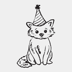 Hand drawn happy raccoon in birthday party hat as a symbol of holiday. Vector sketch illustration in vintage crayon charcoal style. Birthday party invitation, greeting card, baby shower