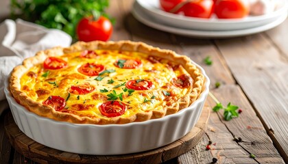 Homemade tomato and cheese quiche a savory and delicious dish perfect for brunch or a light meal on rustic wooden table.