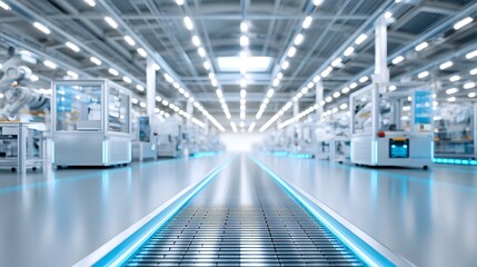 Fototapeta premium A futuristic highly automated industrial factory interior featuring a clear illuminated blue pathway Rows of advanced hinery and robotic systems are visible along the production line