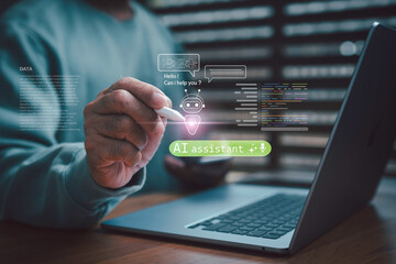 Futuristic concept of AI assistant technology with chatbot interface, digital communication, and artificial intelligence innovation for business, customer service, and productivity enhancement.