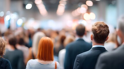 A blurred background highlights a diverse group of people from behind gathered in a bustling indoor venue such as a conference or exhibition indicating social interaction and professional activity