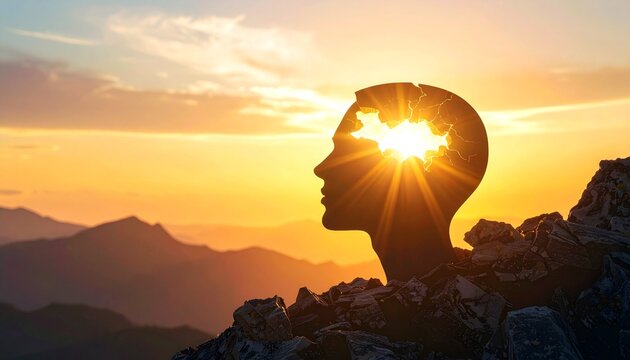 Silhouette of a Human Head in the Mountains with Sun Bursting Through the Mind for Mental Clarity and Freedom.