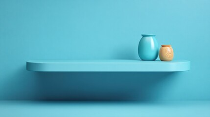 Elegant Minimalist Shelf Display with Blue and Orange Vases on Calm Turquoise Background for Home Decor Inspiration and Interior Design Projects