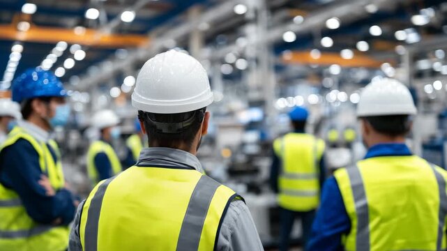 194Group of factory workers in PPE listening to supervisor, rear perspective emphasizing collective focus and industrial production background