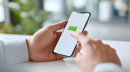 Close up shot of a person s hand holding a modern smartphone with a bright green battery indicator prominently displayed on the screen showing a high charge level