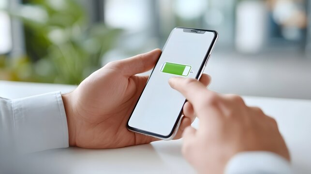 Close up shot of a person s hand holding a modern smartphone with a bright green battery indicator prominently displayed on the screen showing a high charge level