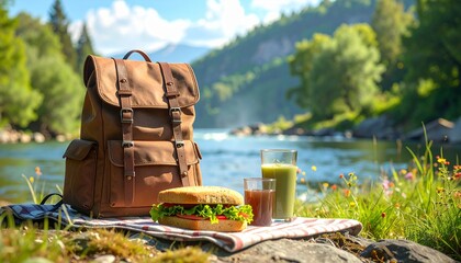 Backpack picnic by the river with healthy drinks and sandwich for an outdoor adventure lifestyle promotion.