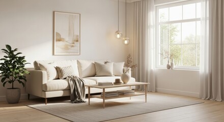 Bright Scandinavian Living Room with Beige Sofa, Pendant Lights, and Large Window.