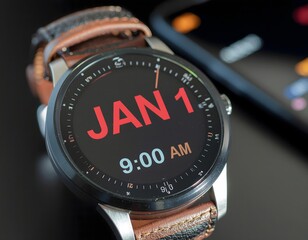 A close-up shot of a modern smartwatch displaying the date January 1st and time 9:00 AM, featuring a stylish brown leather strap and metallic casing.