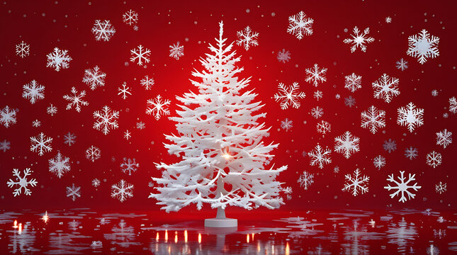 A white Christmas tree with snowflakes on a red background reflecting in water, 8k image