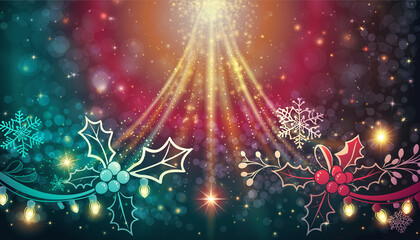 Colorful glowing holiday banner with bokeh Christmas lights.