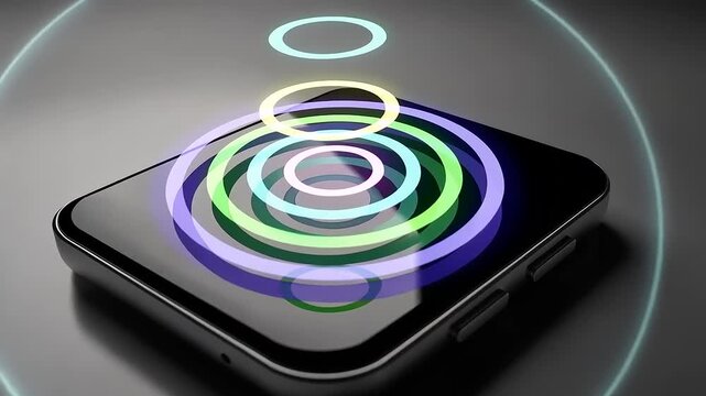 Futuristic smartphone with glowing rings and digital interface concept.