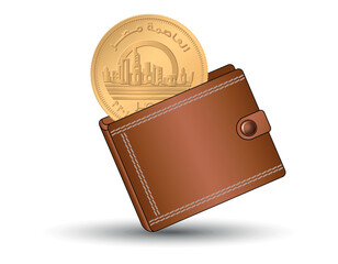 Egyptian money with a wallet in the background. Egypt 50 piastres 2019 New capital of Egypt - Vedian. A 50 piastres coin into the wallet.