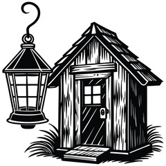 Rustic Shed Silhouette with Hanging Lantern Illustration, Black and White Art on White Background