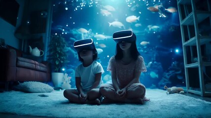 A vivid, immersive scene featuring two children immersed in an aquarium setting. The main subject is a girl wearing a virtual reality headset, seated on the floor in front of a large aquarium. - Powered by Adobe