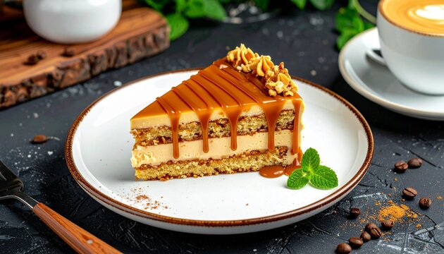 Trilece dessert with milk and caramel. Slice of caramel cake on dark background ingredient