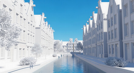 All white buildings lining a canal under a bright blue sky in a surreal architectural scene