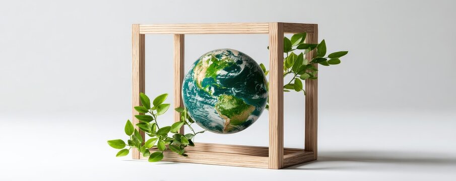 A globe encased in a wooden frame, surrounded by green leaves, symbolizes the connection between nature and the Earth. - Powered by Adobe