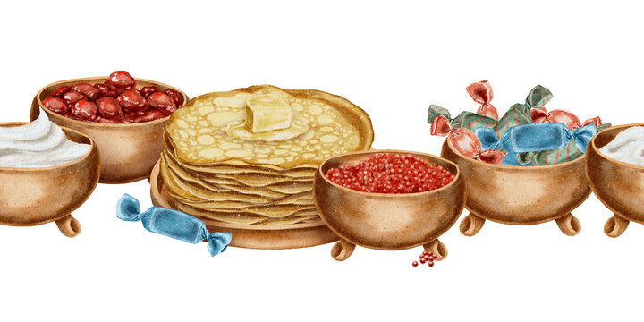 Watercolor illustration traditional Russian pancakes with butter sour cream red caviar cherry jam and colorful candies in bowls. for Maslenitsa celebration cafe menu food packaging and festive design.