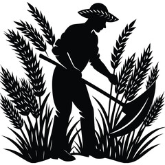 Farmer Silhouette Harvesting Wheat Grain Crops Using Sickle on White Background