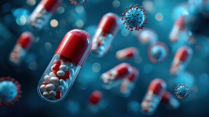 A digital illustration of floating capsules and virus particles, representing the intersection of medicine and health in a dynamic, futuristic environment.