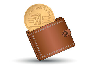Egyptian money with a wallet in the background. 50 piastres 2019 National Roads Network. A 50 piastres coin into the wallet.