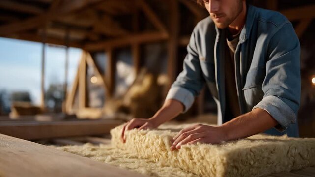 Close-up of hands installing mineral wool insulation layer, emotion of craftsmanship and dedication visible, symbolizing sustainable building materials, heat retention, and acoustic comfort in