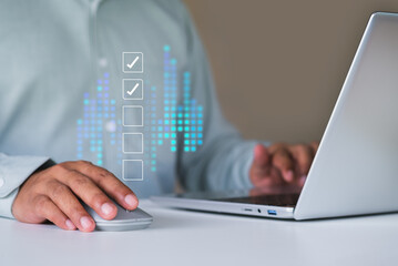 Businessman mark off items on digital checklist, Quality Assurance and Document Control Icons, representing quality assurance and document control processes, verification and compliance