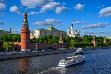 View of Moscow Kremlin, Kremlin Embankment and Moscow River in Moscow, Russia. Architecture and landmark of Moscow
