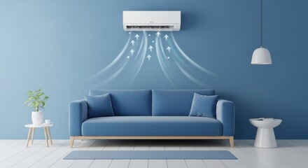 Air Conditioner Unit Heating a Modern Blue Living Room with Sofa and Conceptual Airflow.