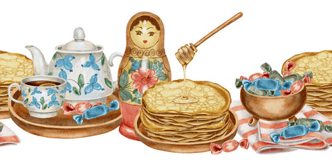 Watercolor illustration Russian tea time with pancakes honey candies teapot cup and matryoshka doll on striped napkins. for Maslenitsa celebration folk culture, packaging and festive design.