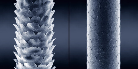 Hair damage reversal and repair. High vs. Low Porosity Strands Before & After targeted protein treatment