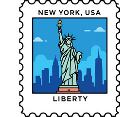 A cartoon-style postage stamp featuring the Statue of Liberty and the New York City skyline under a blue sky.