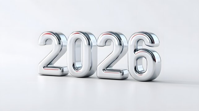 Futuristic chrome numbers spelling out the year 2026 presented in a clean modern 3D render with a bright reflective surface on a white studio backdrop