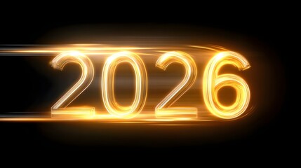Futuristic year  2026  presented in luminous golden glowing digits with a sense of rapid motion and speed set against a stark black backdrop