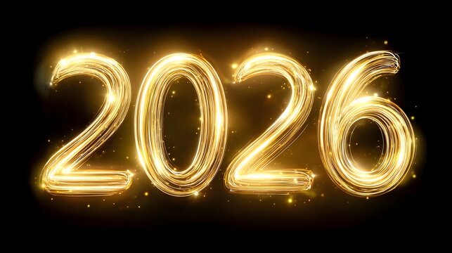 Abstract and luminous golden numbers forming the year 2026 radiating light and sparkles evoking a sense of future celeb n and new beginnings