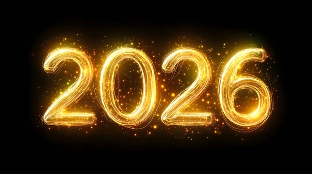 Festive golden numerals of 2026 illuminated with dynamic light trails and surrounded by shimmering particles set against a dark backdrop symbolizing future celeb ns and new beginnings