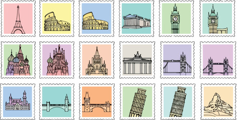 A collection of 15 colorful postage stamps featuring hand-drawn illustrations of famous world landmarks and architectural wonders, representing travel and global destinations.