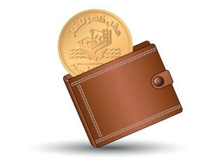 Egyptian money with a wallet in the background. 50 piastres 2019 Zohr gas field. A 50 piastres coin into the wallet.