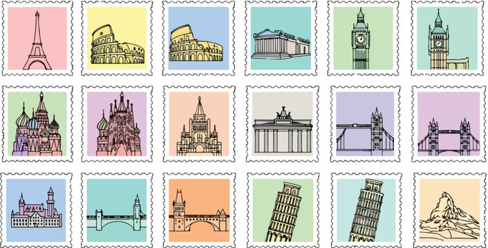 A collection of 15 colorful postage stamps featuring hand-drawn illustrations of famous world landmarks and architectural wonders, representing travel and global destinations.