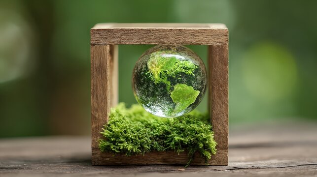 A glass globe depicting Earth sits in a wooden frame, surrounded by lush green moss, symbolizing nature and environmental awareness.
