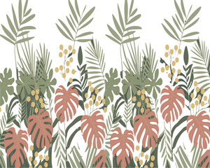 Fototapeta premium Tropical Jungle Leaves and Berries Seamless Border Pattern foliage