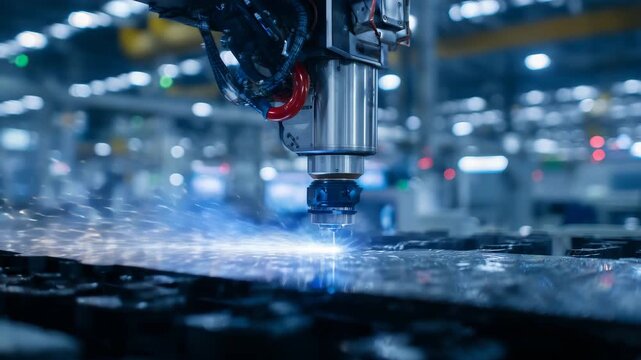 236Close-up of robotic arm in aerospace factory precisely molding carbon fiber components for supersonic jet fuselage, glowing industrial lights reflecting off sleek black fibers