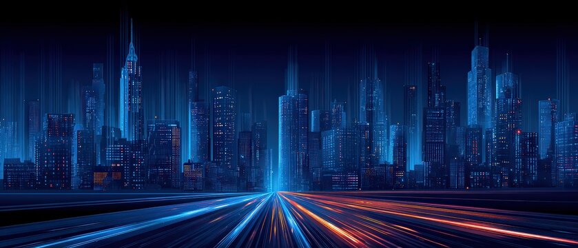 A vibrant city skyline at night, with illuminated skyscrapers and dynamic light trails, creating a futuristic urban atmosphere.