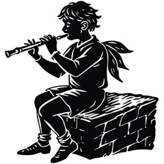 Boy Playing Flute Silhouette Illustration on Brick Wall - Creative Vector Design on White Background