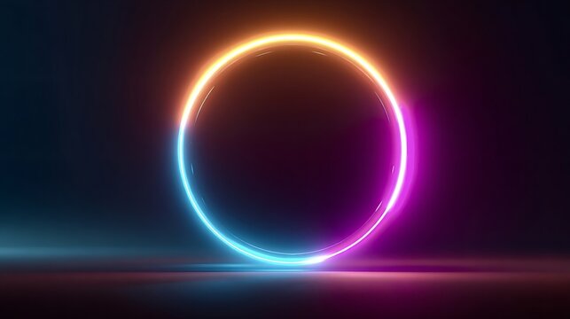 Glowing neon light ring displaying vibrant colorful gradient from orange to blue and magenta on a reflective dark surface, creating a futuristic, abstract background or portal