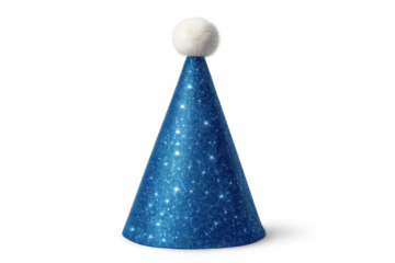Blue glitter party hat with white pom-pom on transparent background, celebrating birthdays and festive events