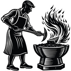Blacksmith at Work Silhouette Crafting Metal with Fire and Hammer on White Background