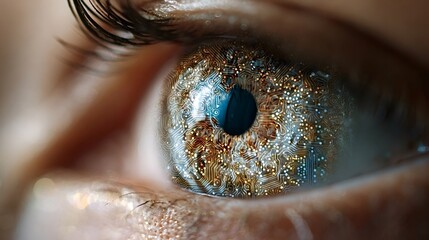 Human eye close up with iris patterned like a glowing circuit board, digital connections radiating outward to evoke ai, cybernetic vision, bionic integration and advanced technology