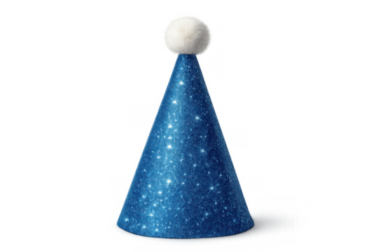 Blue glitter party hat with white pom-pom on transparent background, celebrating birthdays and festive events
